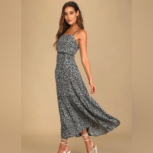 Lulu's XS Kind Heart Black Floral Print Tiered Lace-Up Midi Dress black & white